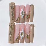 Soft Nude Pearl Floral Elegant Extra Long Press On Nails