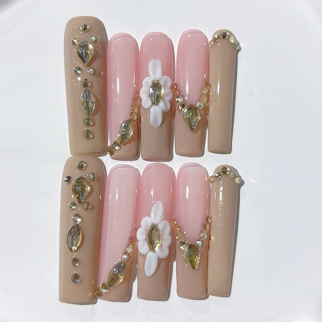 Soft Nude Pearl Floral Elegant Extra Long Press On Nails