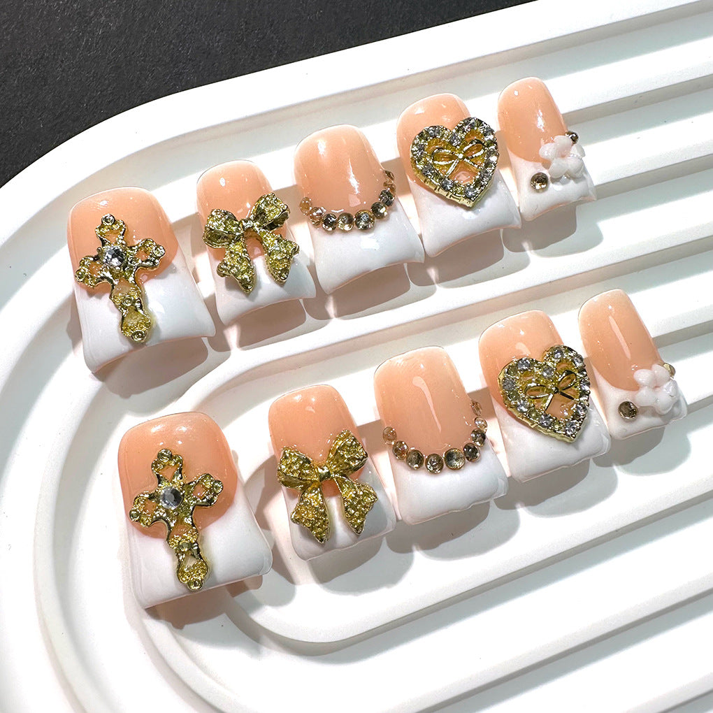 White Gold Cross Heart Press On Nails