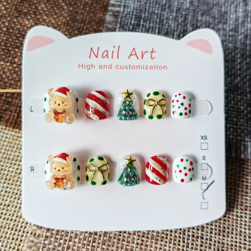 365nails: "christmas bear party" – short round handmade kids press-on nails