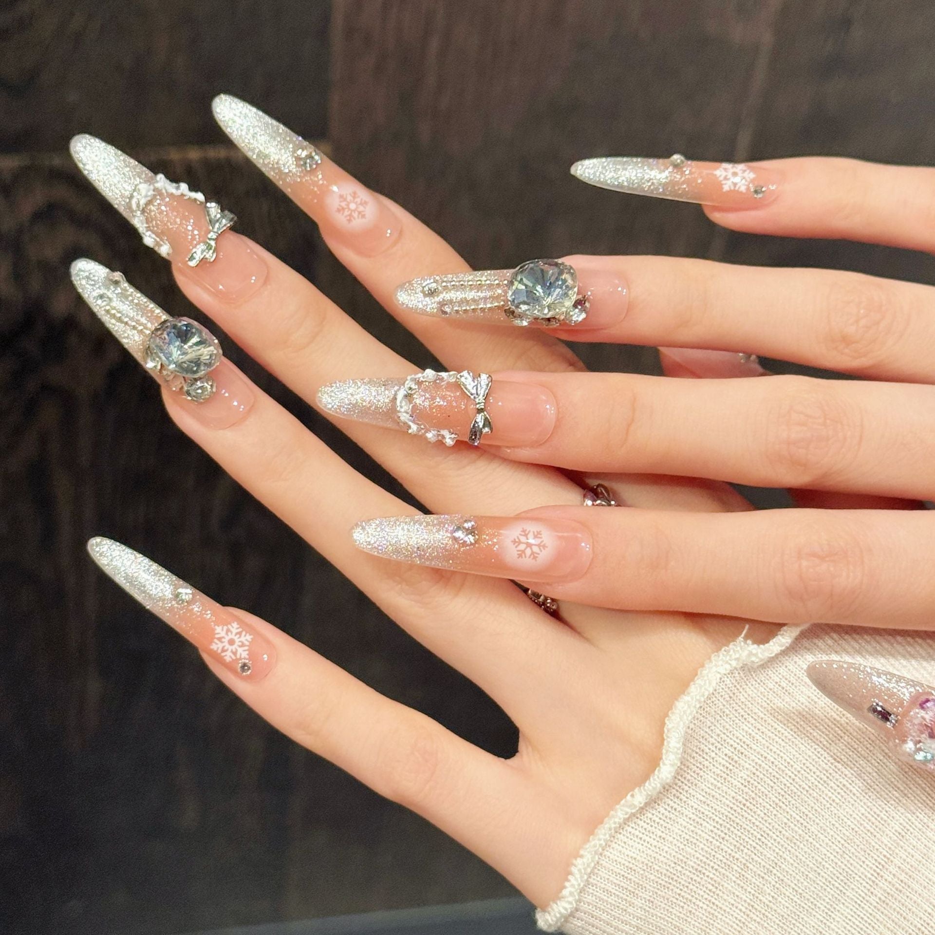 Luxury Butterfly Heart Snowflake Nails, Shiny Crystal Black Pink Design