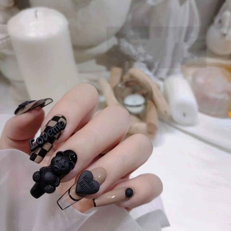 handmade nails, checkerboard bear love-worn nail art can be disassembled and reused | 365nails