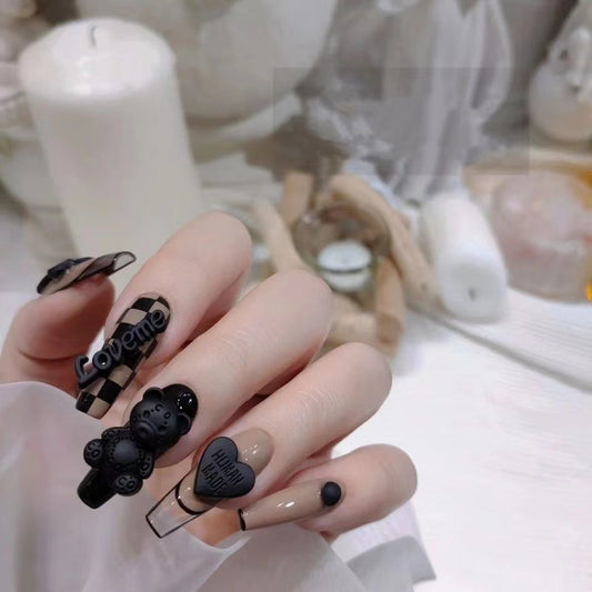 handmade nails, checkerboard bear love-worn nail art can be disassembled and reused | 365nails