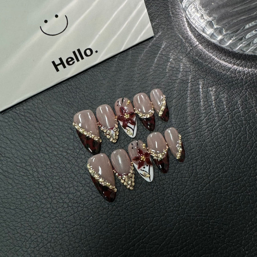 365nails: "Velvet Noir" – 3D Bow & Crystal Handmade Medium Almond Nails