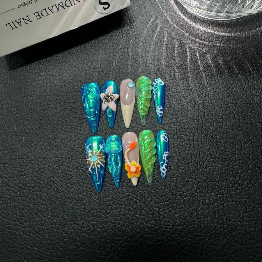 365nails: "Oceanic Dream" – 3D Floral Handmade Long Stiletto Nails