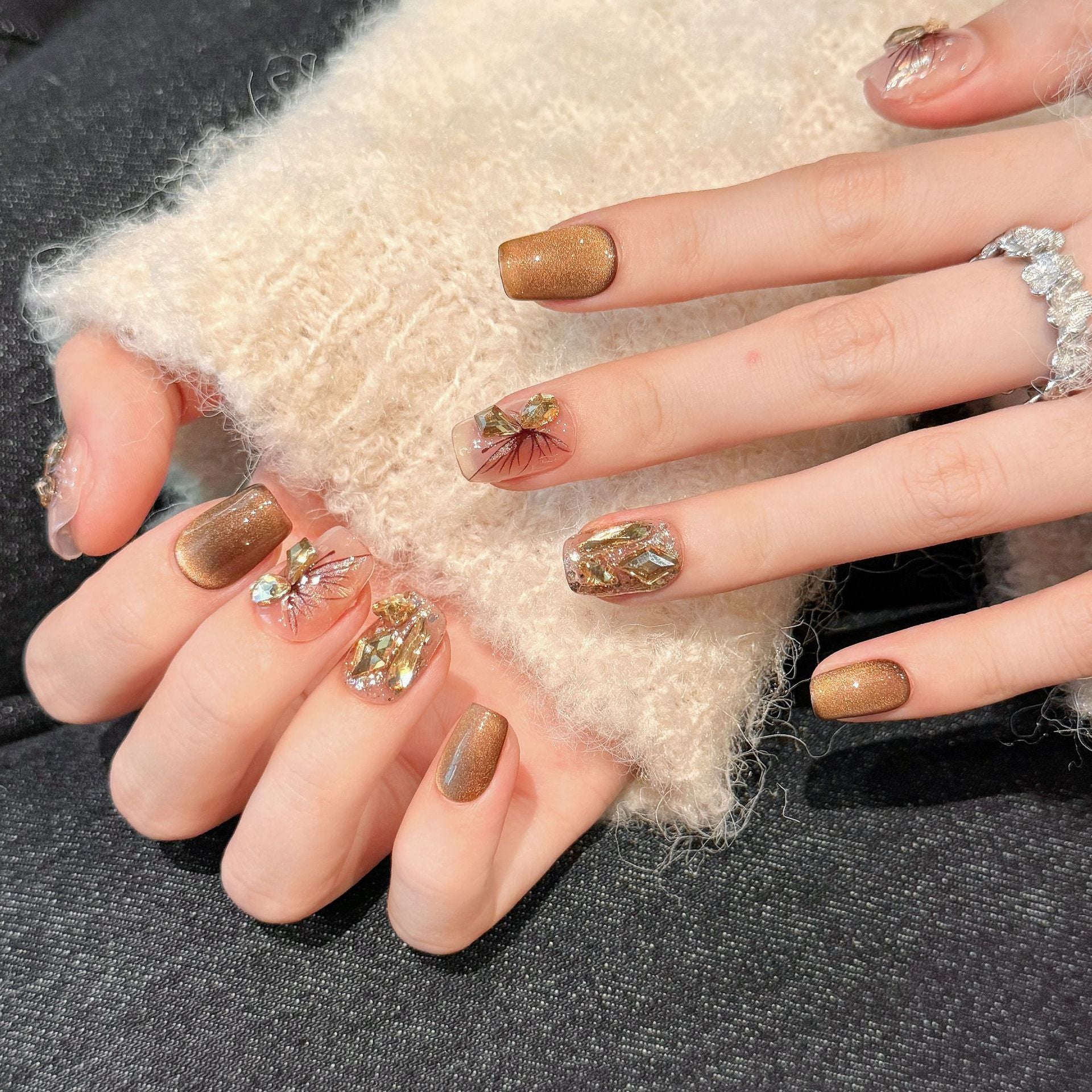 365nails: "Golden Hour" – 3D Gem & Hand-Painted Floral Handmade Short Square Nails