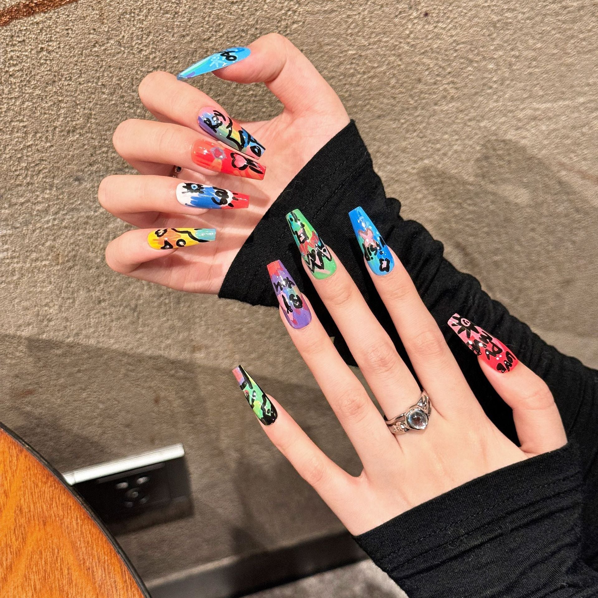 Unhas postiças artesanais com estampa de unhas Spice Girl, ensaio colorido, série de pinturas a óleo Graffiti, unhas postiças removíveis | 365nails