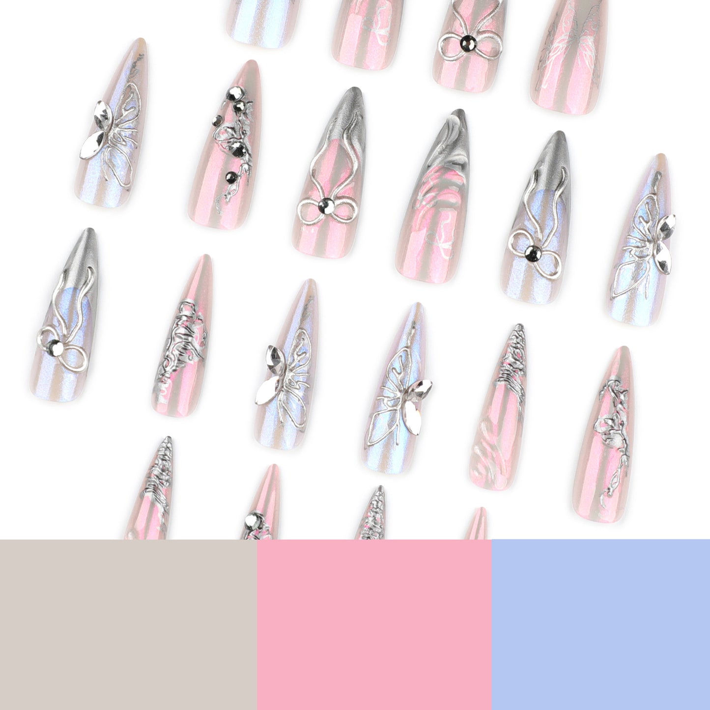 Silver Chrome 3D Butterfly Stiletto Fantasy Press On Nails