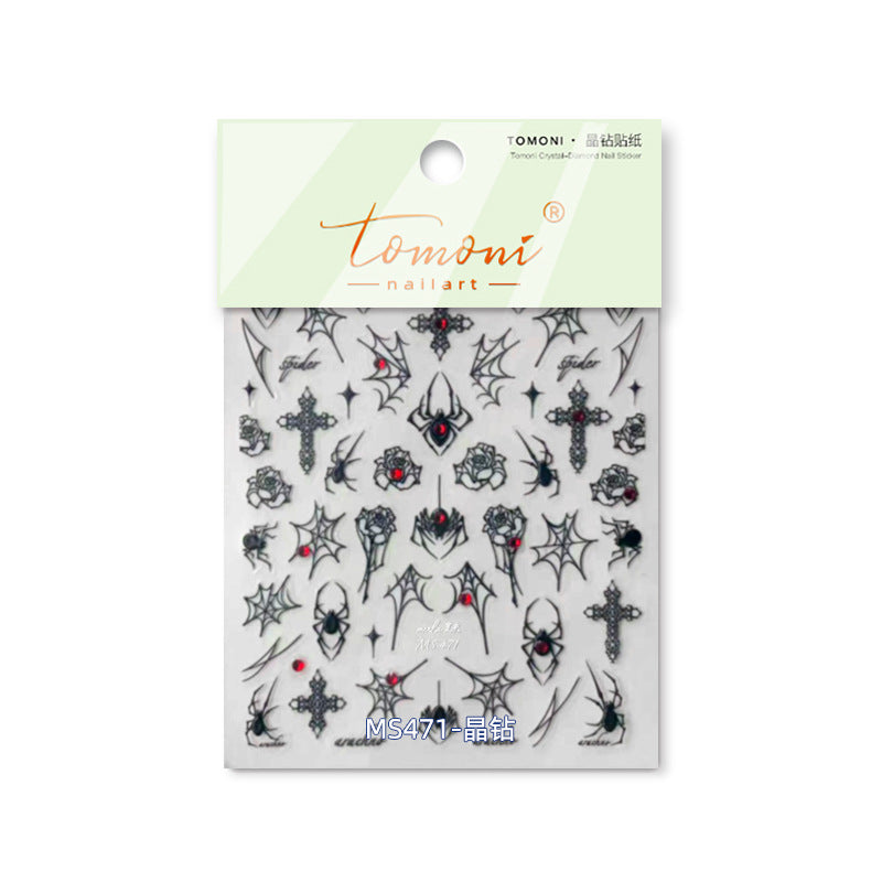 Gothic Spider & Crystal Cross: "Noir Spider Web" – 5D Crystal-Diamond Nail Sticker