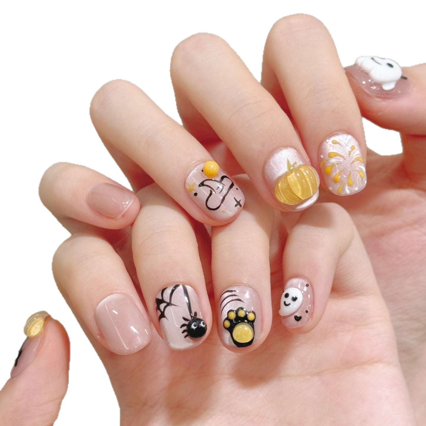 Cute Halloween 3D Ghost Pumpkin Cat Short Press-On Nails