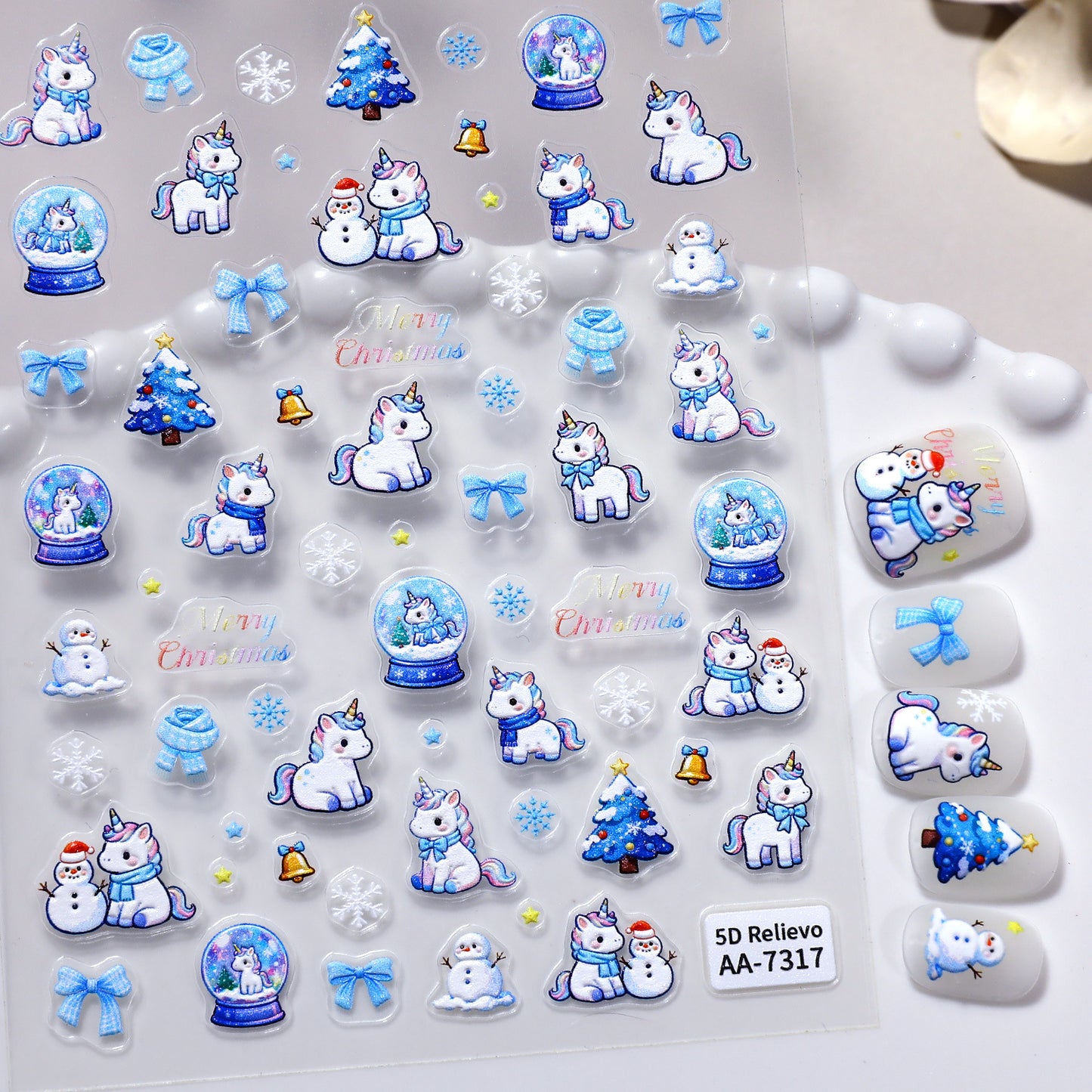 Original Snowflake Unicorn Nail Art Sticker 5D Embossed Three-dimensional Christmas Pony DIY Nail Sticker Ornament AA