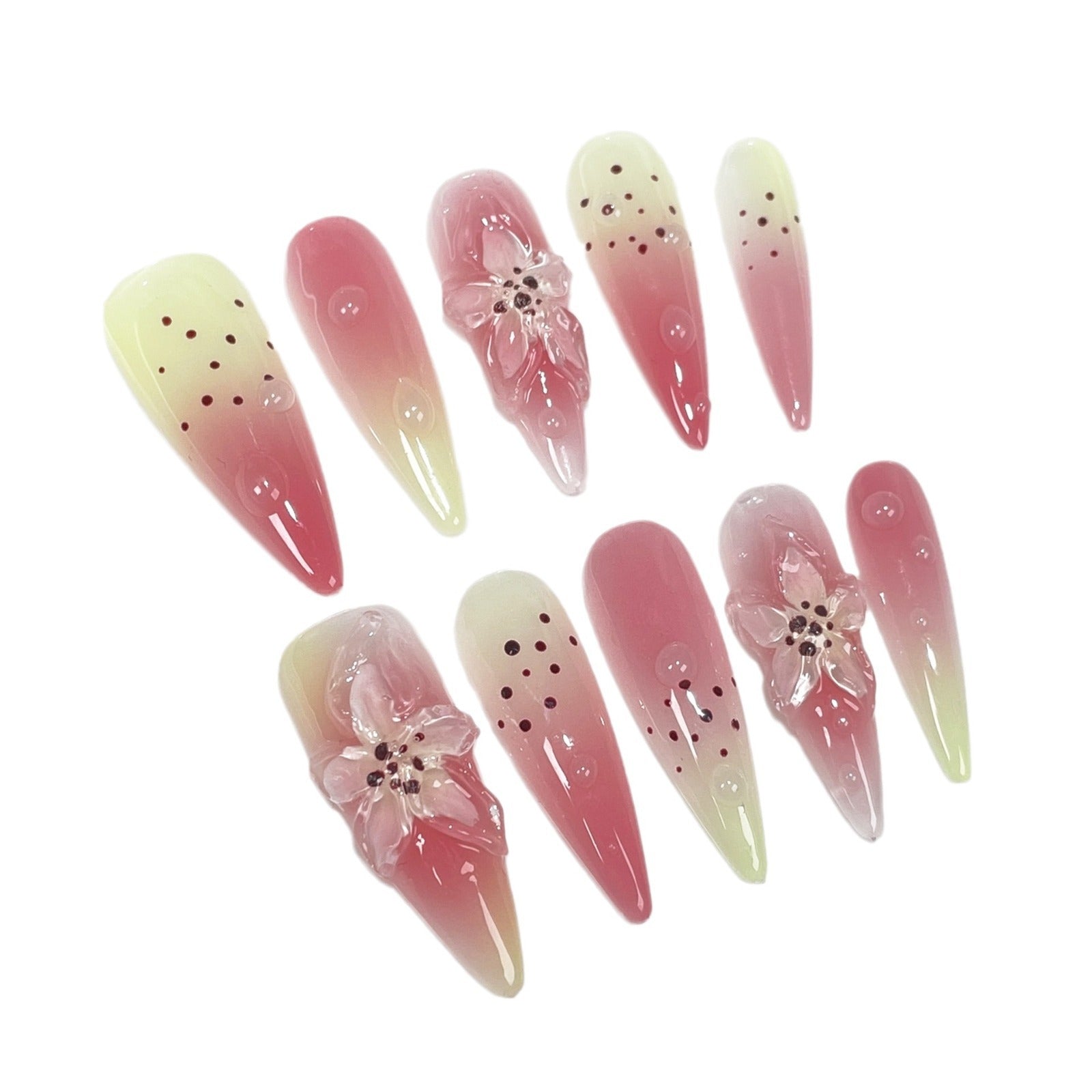Pistola de pulverização de gelo tridimensional 3D com mudança gradual de lírio, unhas de pressão artesanais, flor de duas cores, desejo puro, doce, remendo de unha longa ｜ 365nails