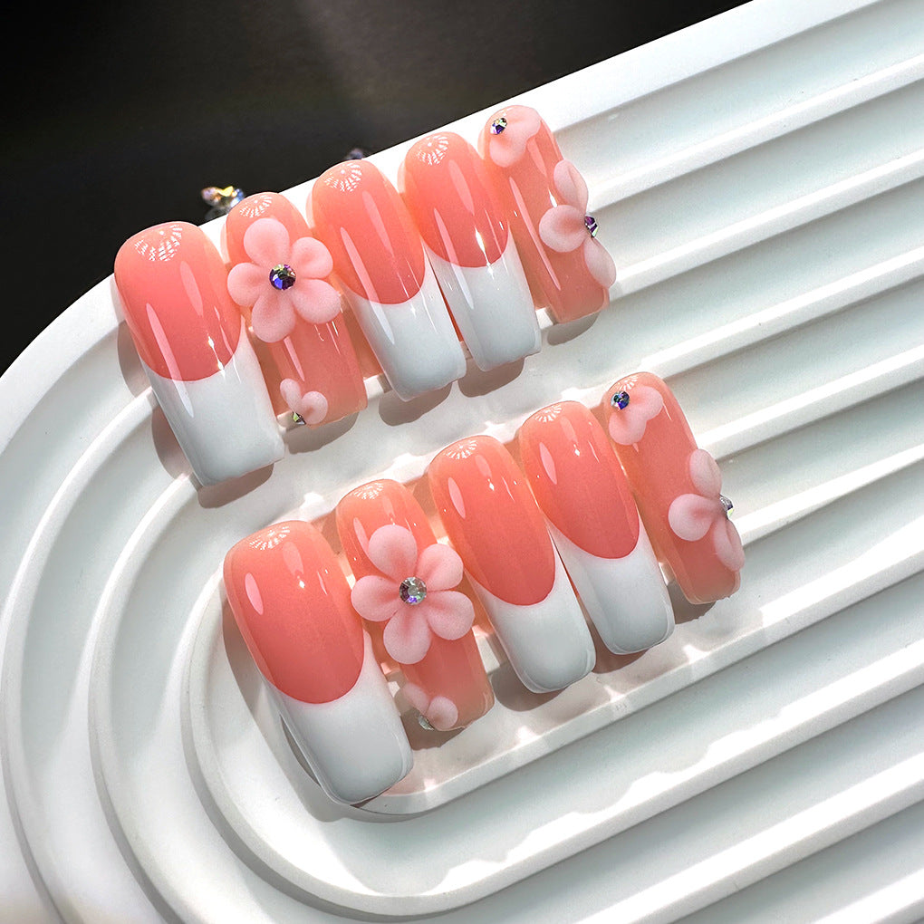 Peach French Floral Soft Gloss Elegant Press On Nails