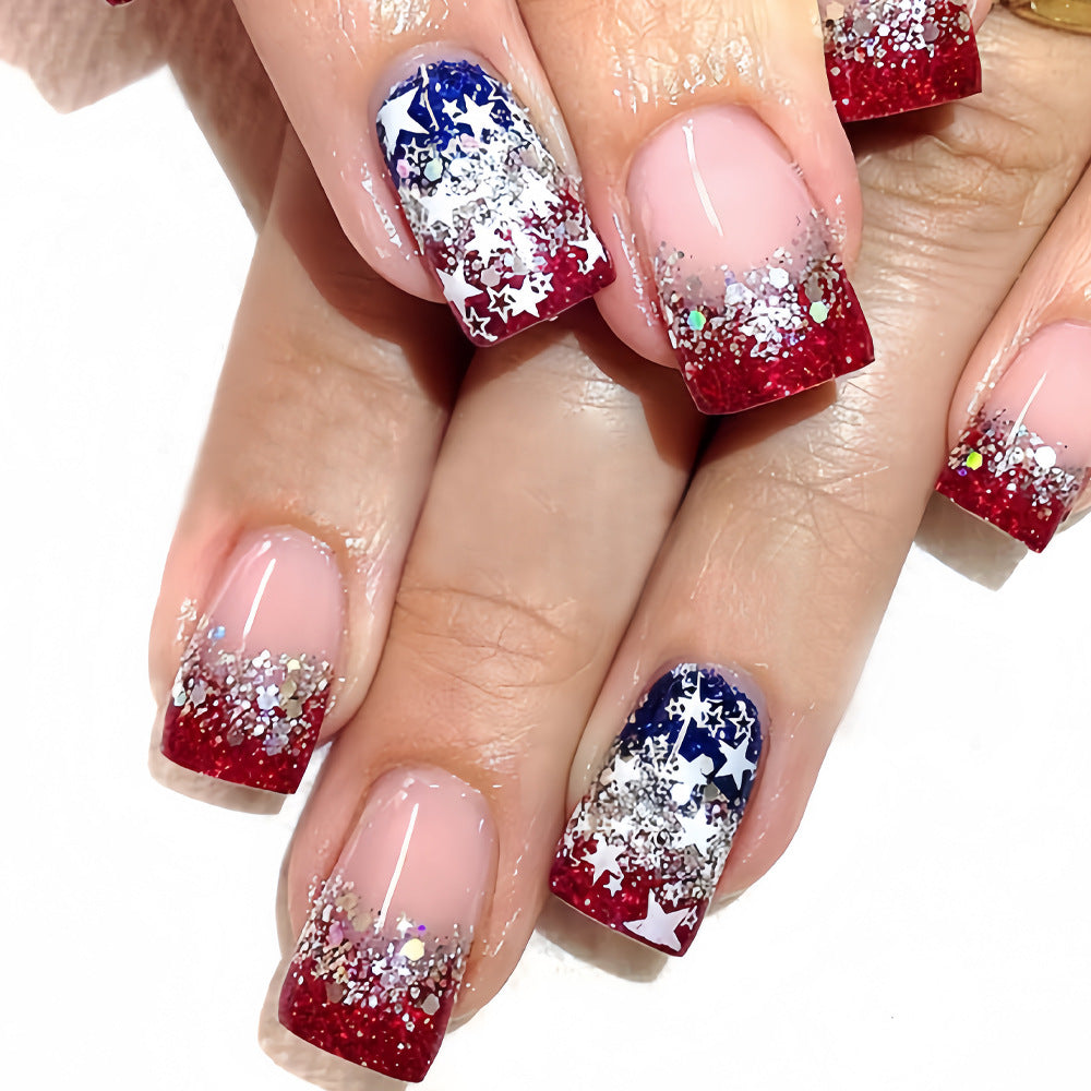 365nails: 독립기념일 그라데이션 글리터 스타 프레스온 네일