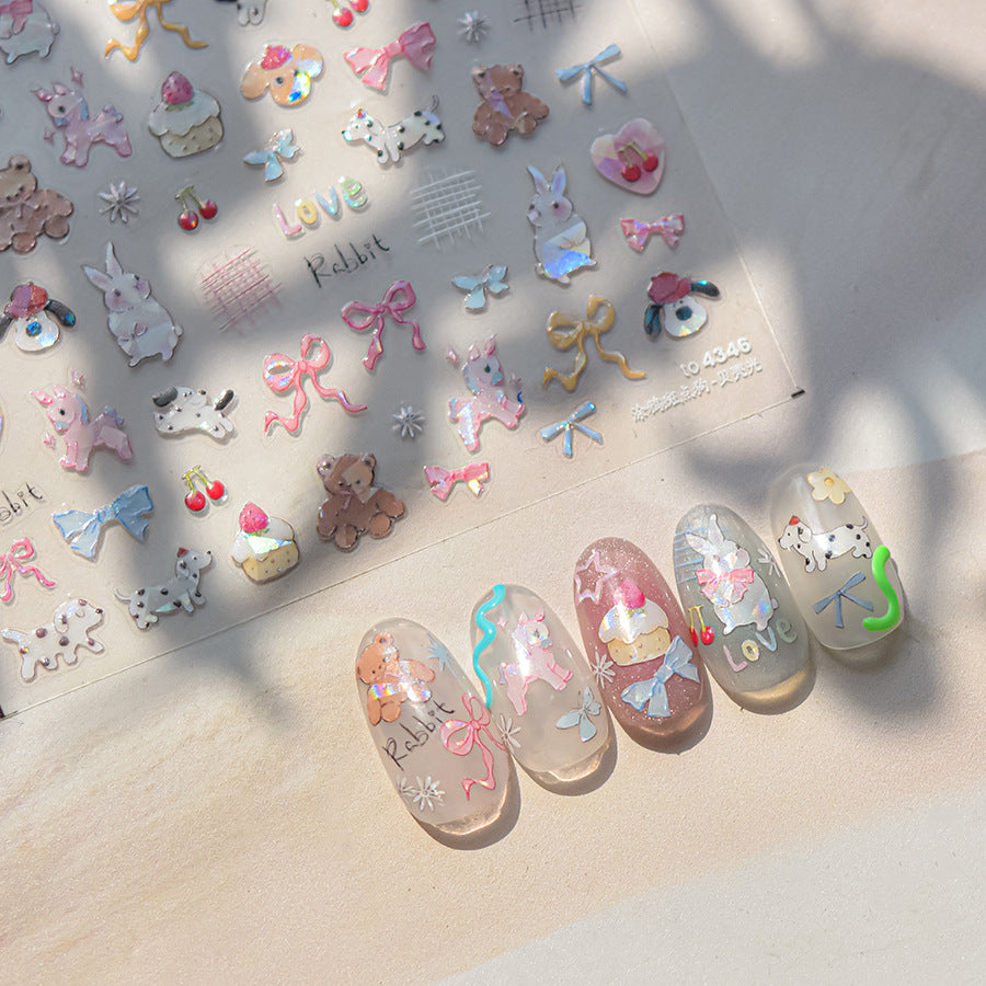 Embossed Animal Nail Stickers – Holographic Bunny & Teddy Bear Set