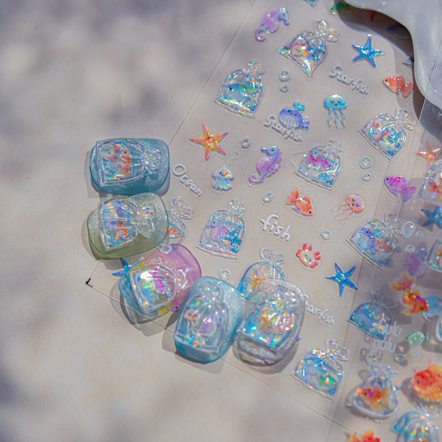 海洋浮雕指甲貼—全息魚與海馬組合