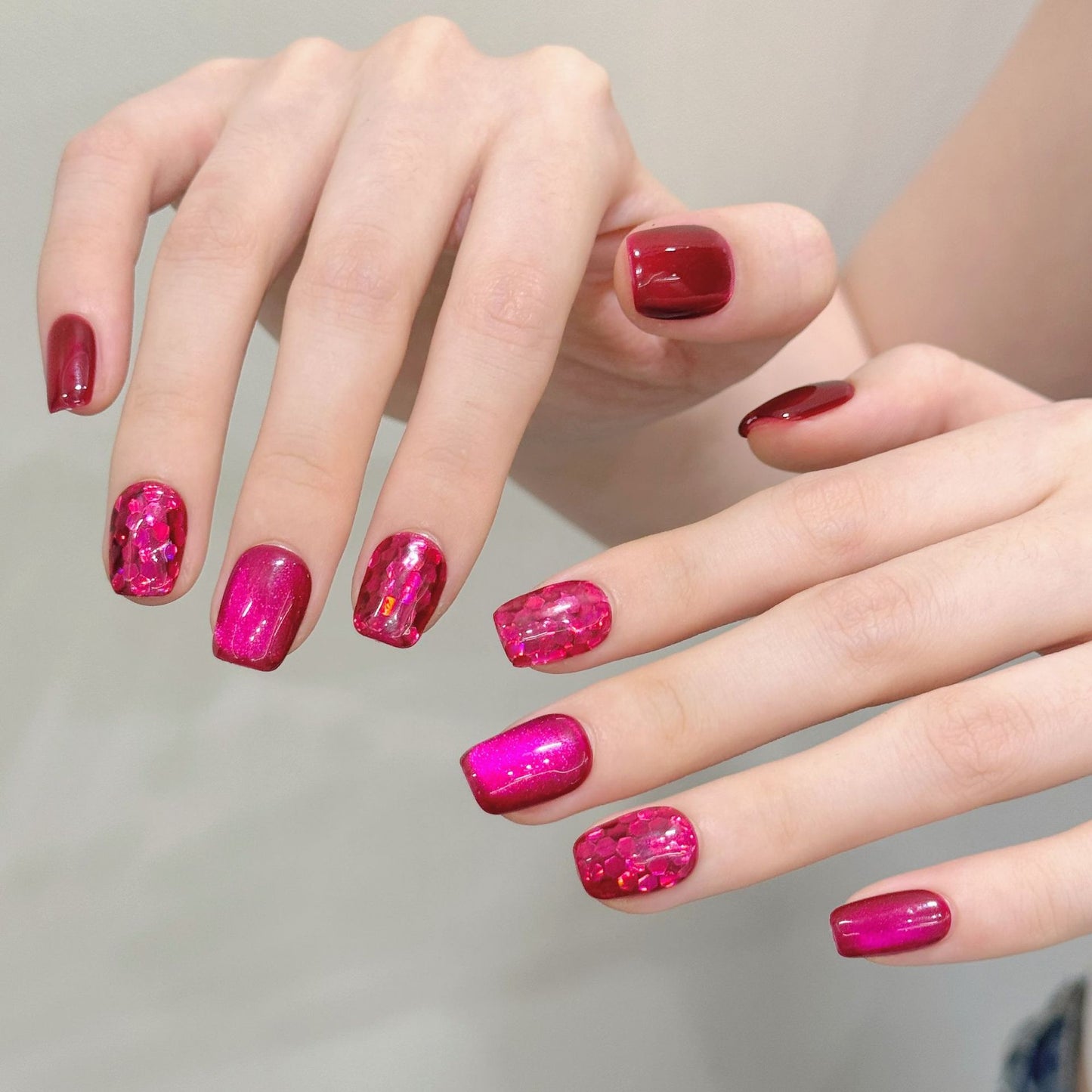 Shiny Hot Pink Glitter Press On Nails Mixed Shapes