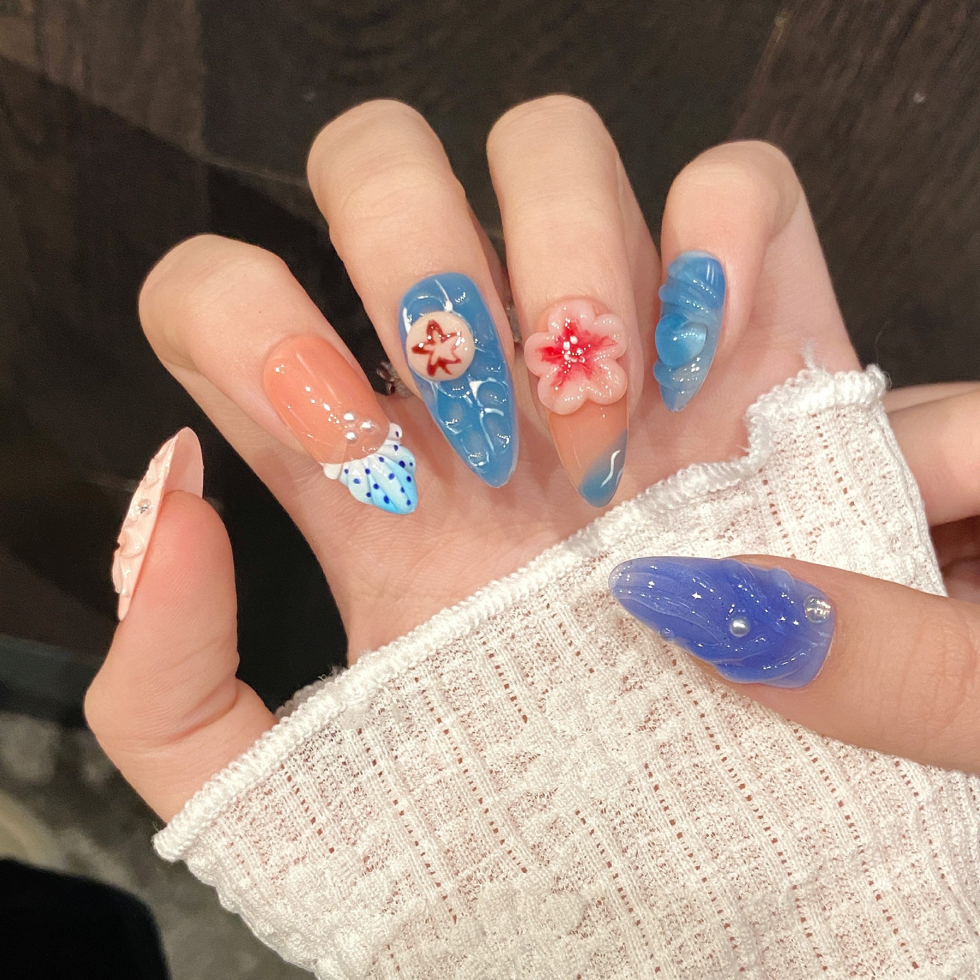 365nails: "Aqua Bloom" – 3D Floral & Water Jelly Handmade Almond Nails