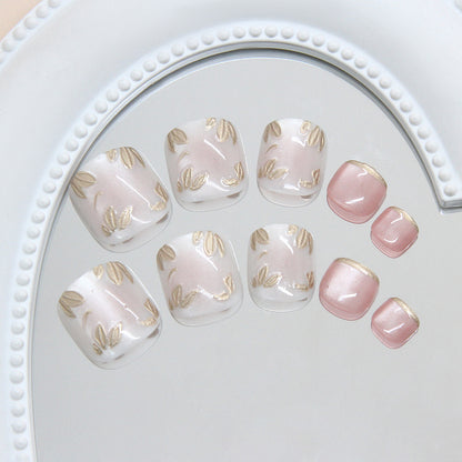 Uñas postizas extraíbles con diseño de ojo de gato tridimensional, diseño de flores doradas, color blanco suave francés, 24 piezas ｜365nails