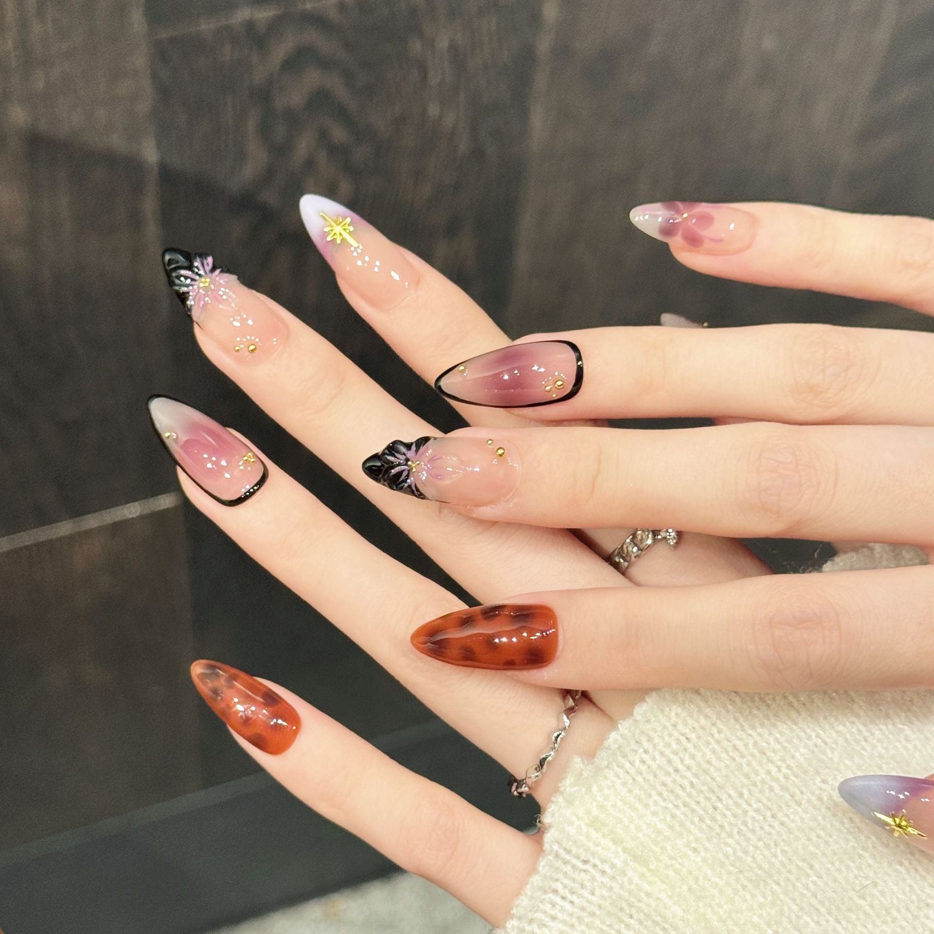 Purple Stardust Floral Gradient Press On Nails