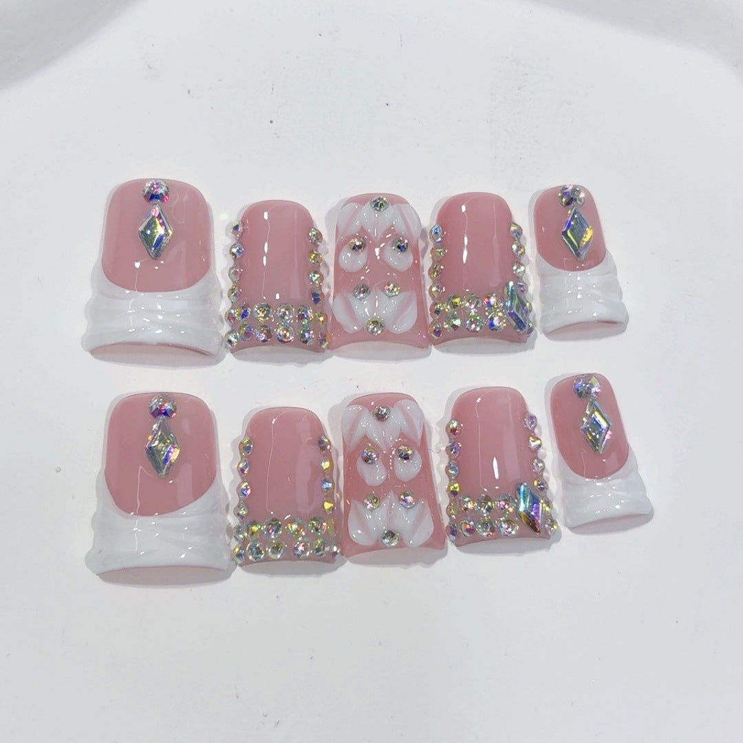 블러쉬 크리스탈: 핑크 다이아몬드 드림 – 숏 스퀘어형 수제 프레스온 네일