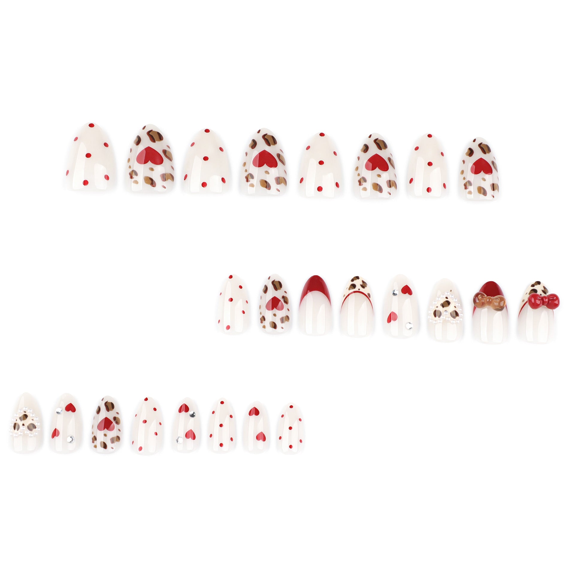 Point diamond three-dimensional bow Japanese style short almond shape love press-on nails