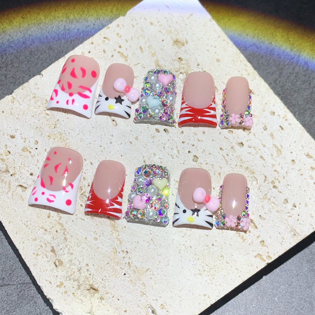 Red Kitty Crystal Cute Press On Nails