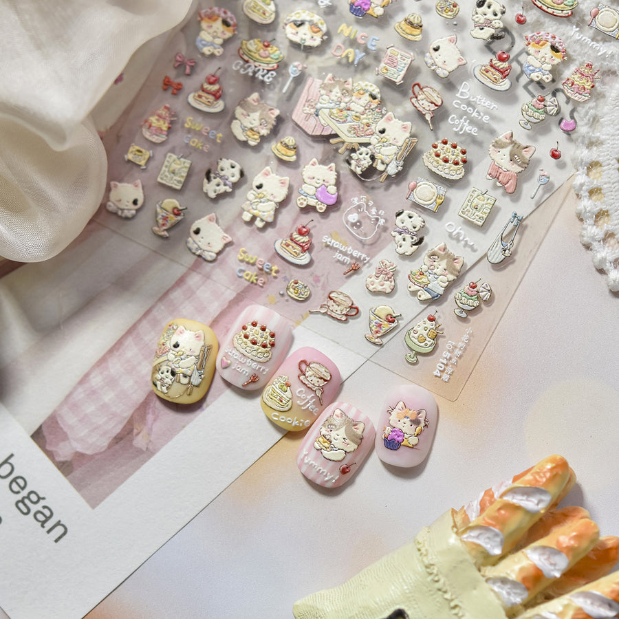 Kawaii Cat & Dessert Café: "Kitty Café Treats" – 5D Embossed Nail Sticker