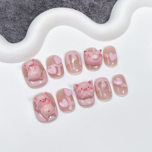 Handmade Press-on Nails Sweet and Cute Pig Short Nail Art Hand Painted French Wearable Nail Sticker Yiwu Nail Art｜365nails