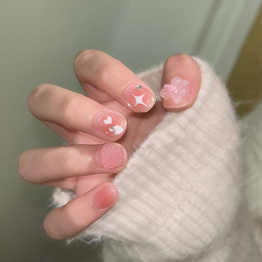 Love candy hug bear flash diamond spring and summer cute nail patch Handmade Press-on Nails short nail fake nail wholesale｜365nails