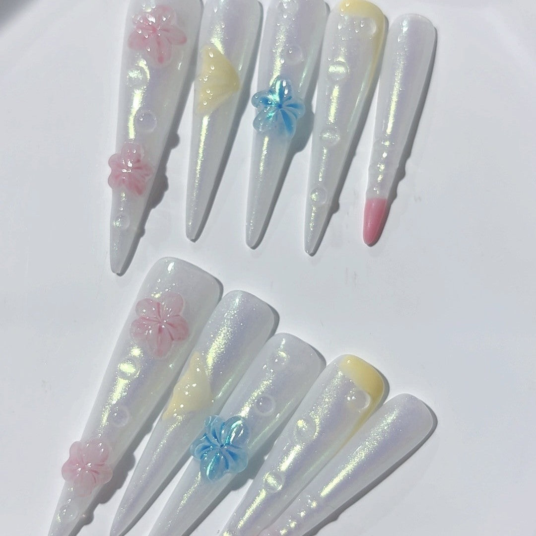 Iridescent 3D Floral Extra Long Press On Nails