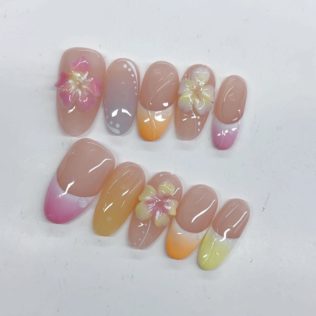 夏日雪酪：粉彩綻放 — 中長款 杏仁形 手工製 穿戴甲
