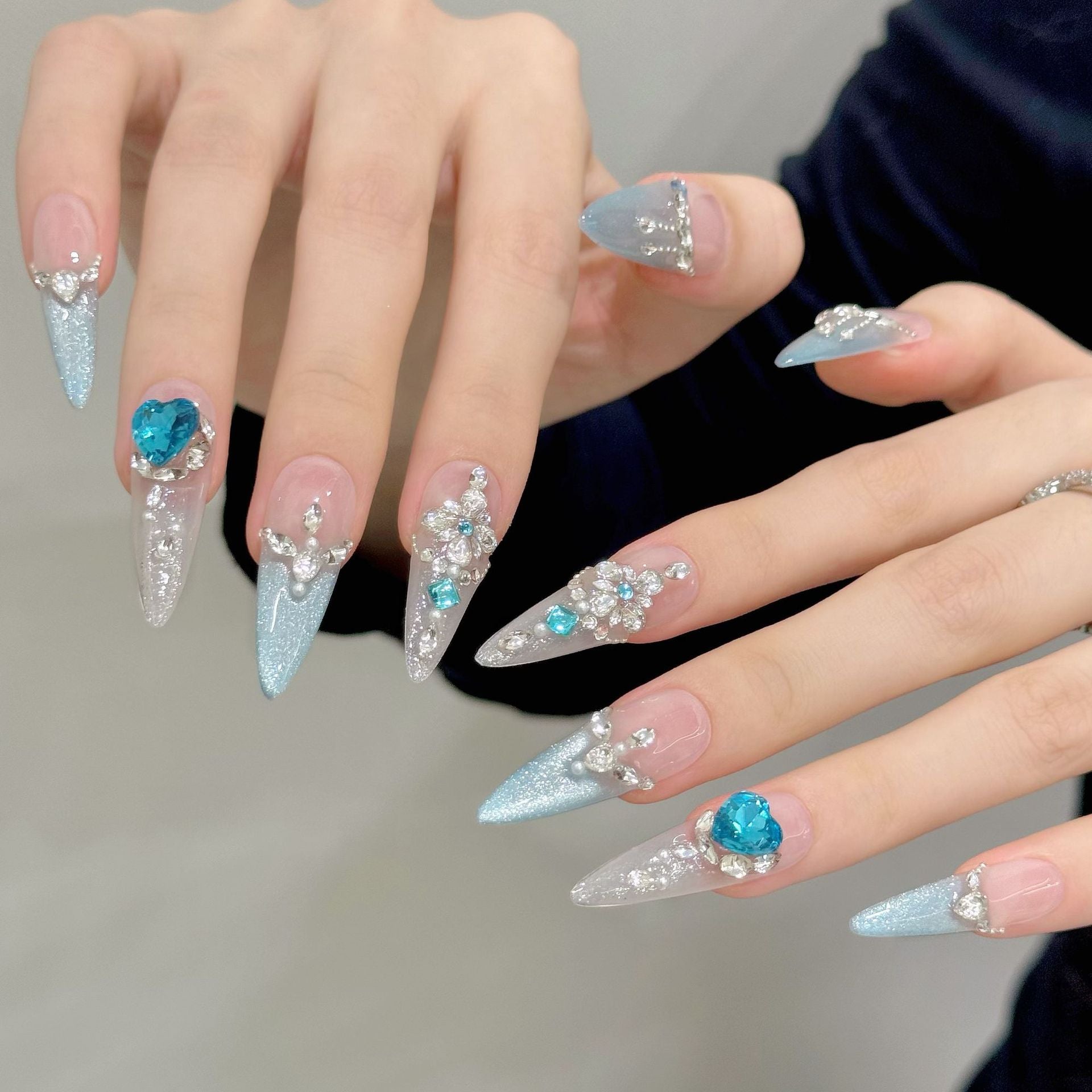 365nails: "Heart of the Ocean" – 3D Gemstone Encrusted Handmade Stiletto Nails