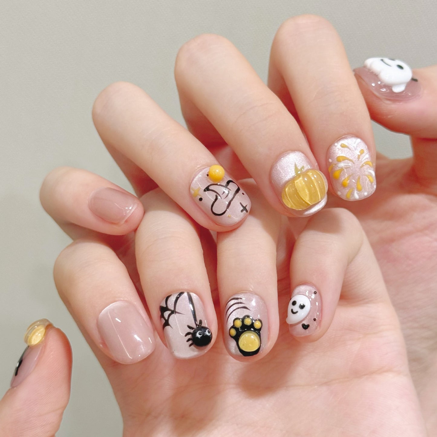 Cute Halloween 3D Ghost Pumpkin Cat Short Press-On Nails