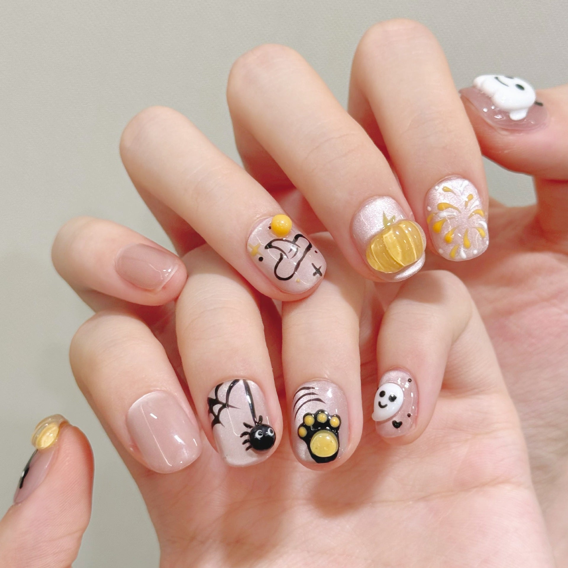 Cute Halloween 3D Ghost Pumpkin Cat Short Press-On Nails
