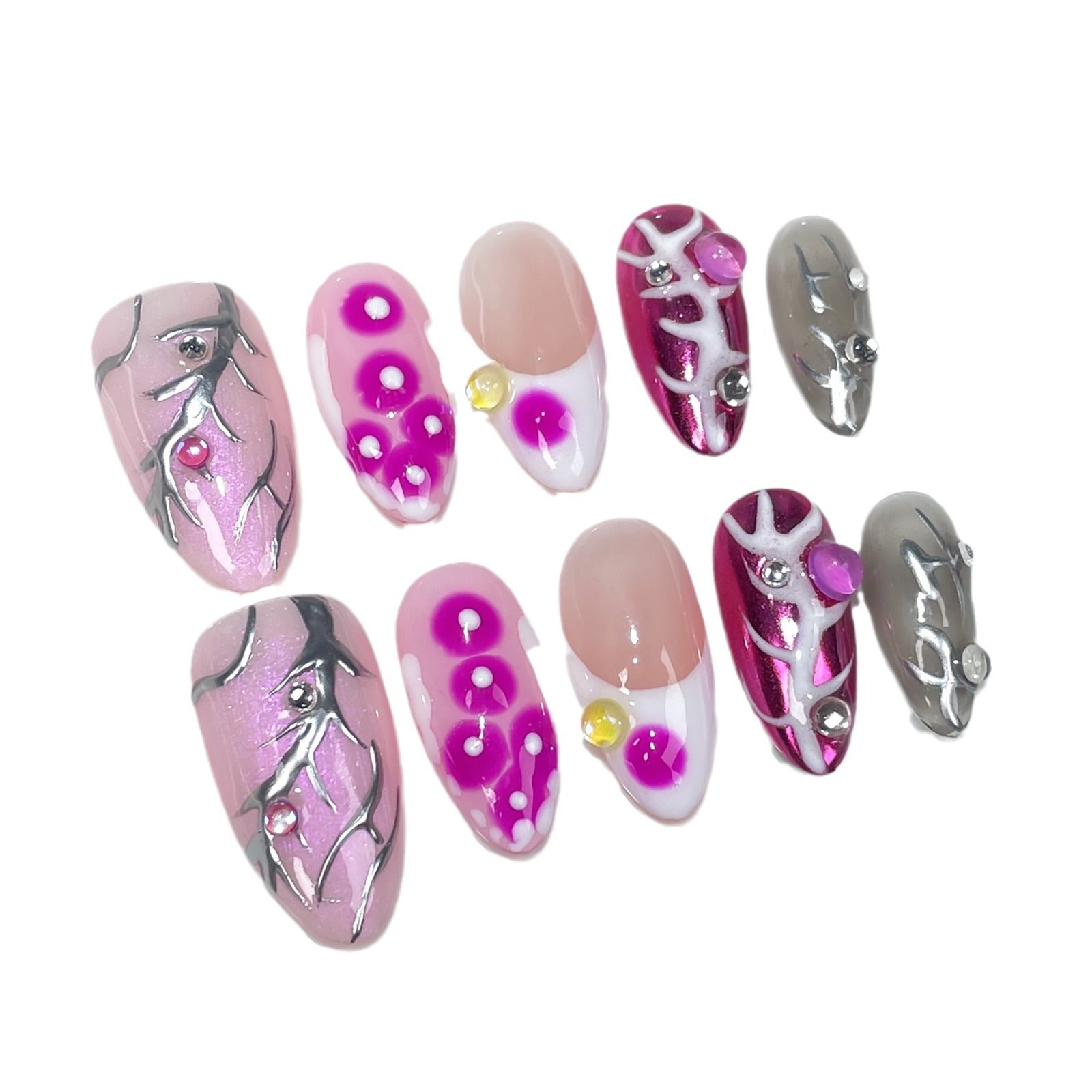 Uñas postizas hechas a mano para chicas atractivas, de metal, pintadas a mano, irregulares, con efecto almendra, pegatinas para uñas, venta al por mayor | 365nails