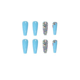 Unhas postiças com acabamento em diamante azul-celeste, unhas postiças com acabamento em diamante, remendo de unha removível ｜365nails