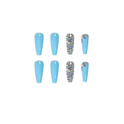 Sky Blue Full Diamond Wear Nail Art Finished Fake Nail Press on nail nail patch Removable nail piece ｜365nails