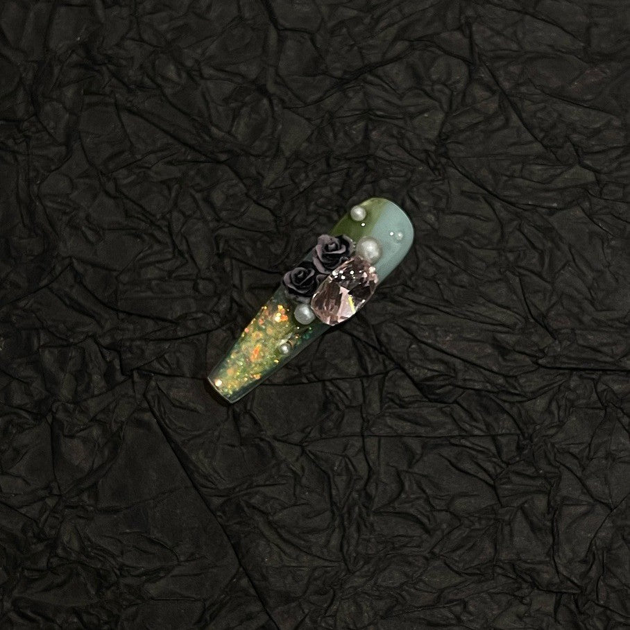 Misty Green Black Rose Pearl Gold Long Coffin Press On Nail
