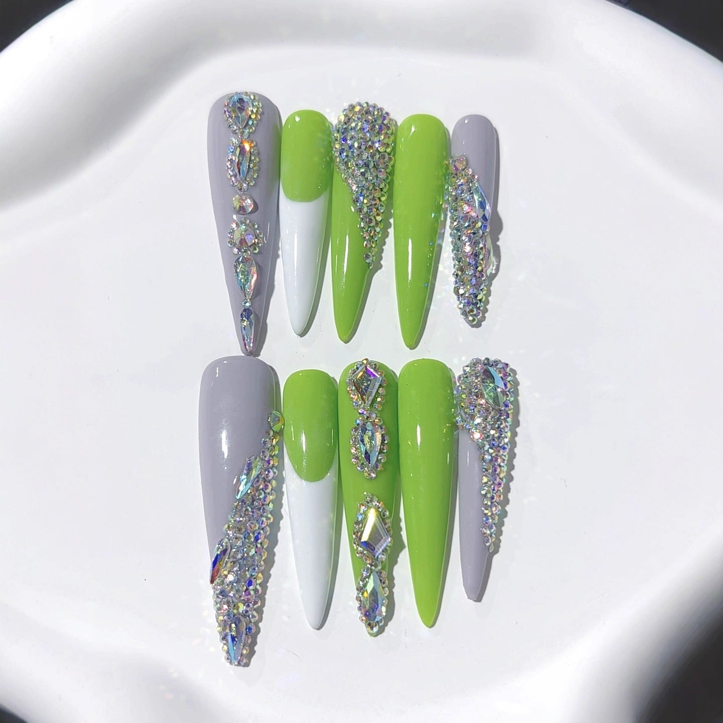 Neon Green Rhinestone Extra Long Press On Nails