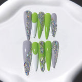 Neon Green Rhinestone Extra Long Press On Nails