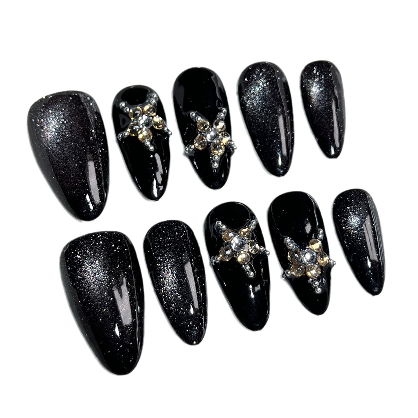 Handmade press on nails Autumn and Winter Sweet and Cool Spice Girl  Black Light Chasing Cat Star  Almond Nail｜365nails