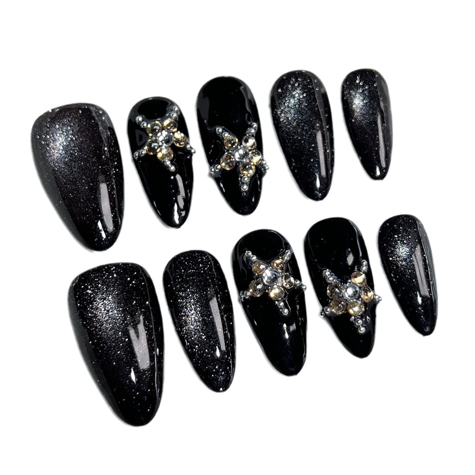 Unhas postiças artesanais Outono e Inverno Doce e Fresco Spice Girl Black Light Chasing Cat Star Almond Nail｜365nails