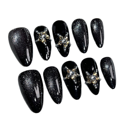 Handmade press on nails Autumn and Winter Sweet and Cool Spice Girl  Black Light Chasing Cat Star  Almond Nail｜365nails