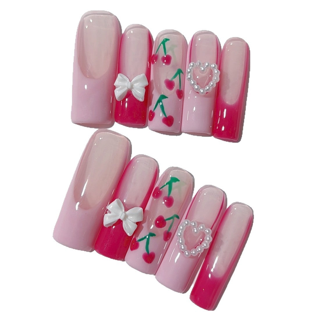Valentine's day press-on nails: french cherry, bow, and heart designs