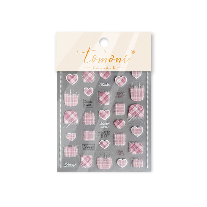 Holographic Tweed Nail Stickers – 3D Embossed Pink & Red Heart Set