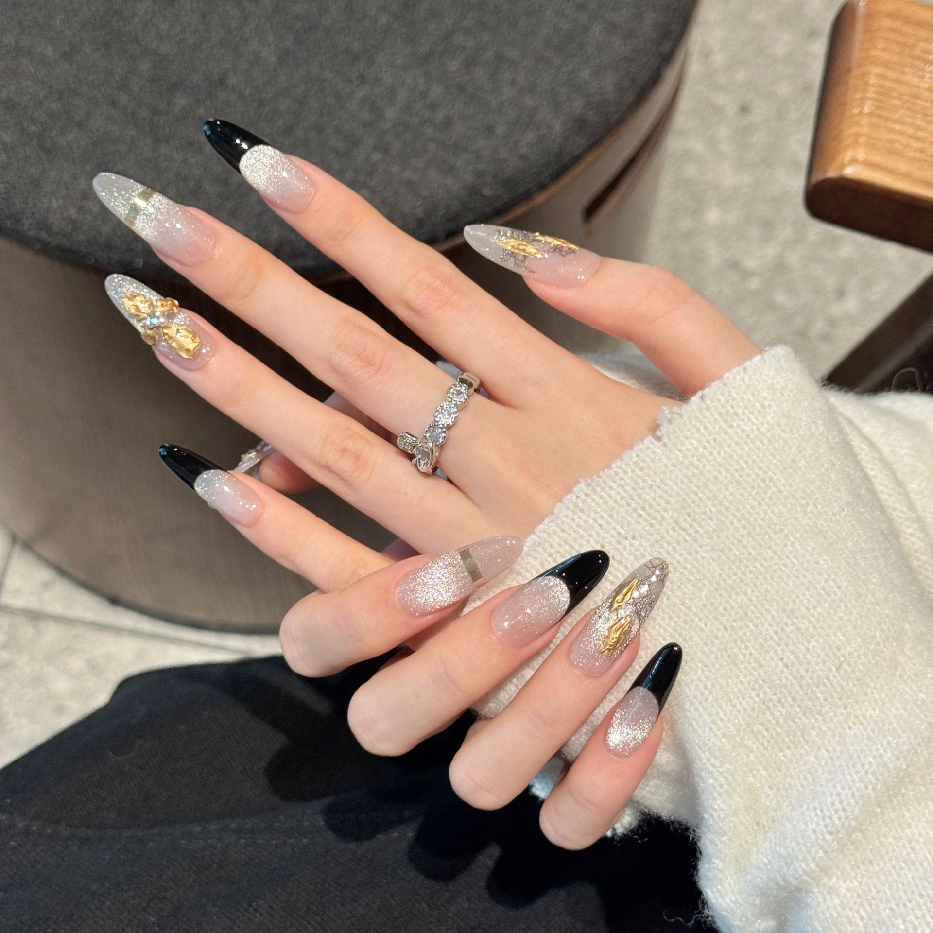 365nails: "Gilded Noir" – 3D Gold Leaf French Handmade Almond Nails