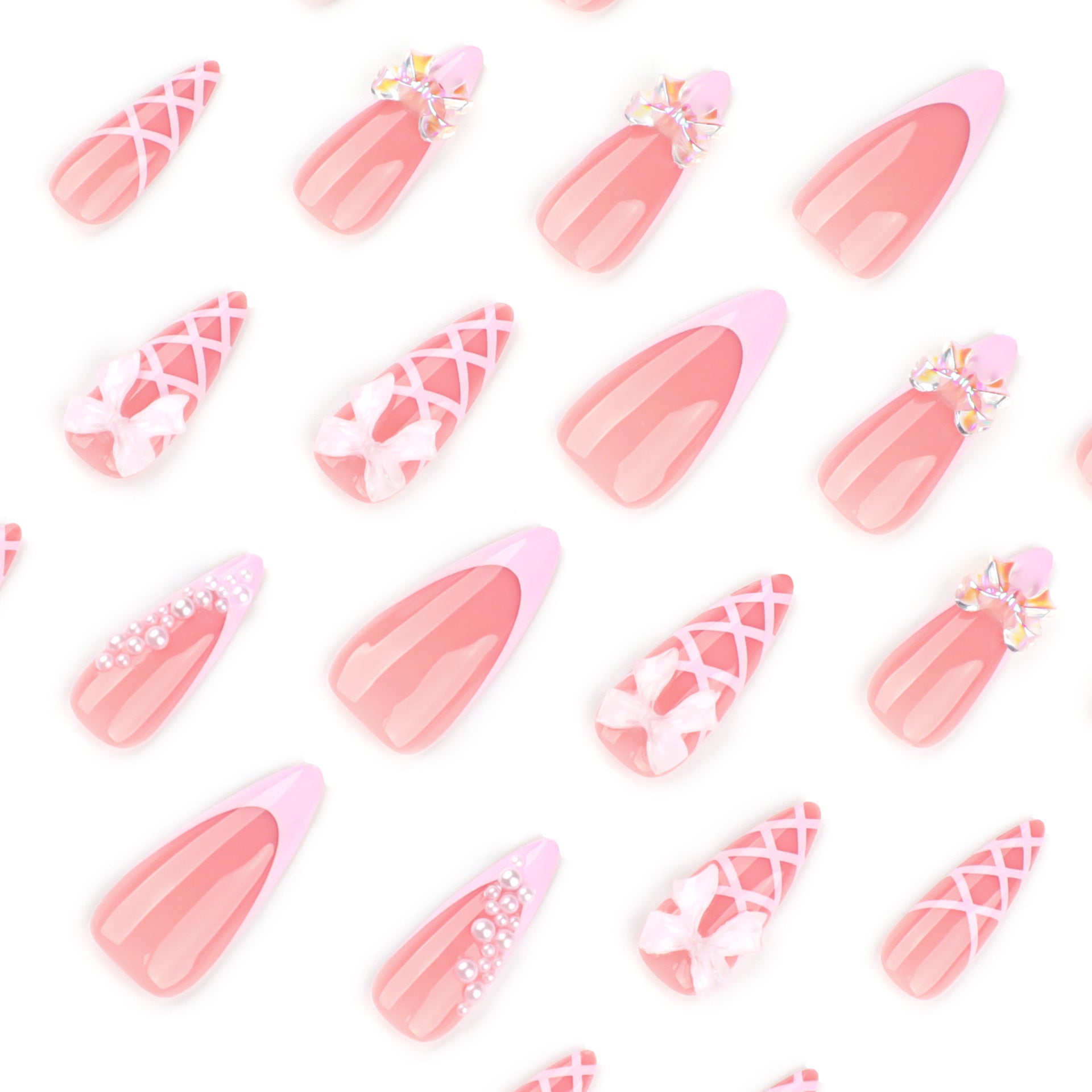 Three-dimensional bow French lotus root pink almonds sweet press-on nails