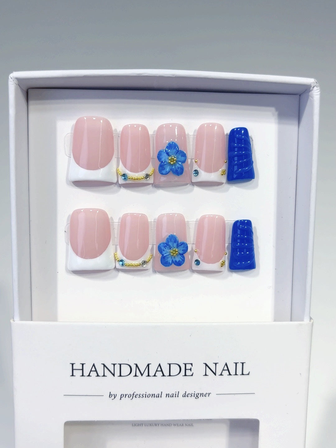 Coastal Bloom: "Cobalt Blue Flower" – Square Shape Handmade Press-On Nails