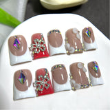 Nude French Nails with Red Accent and Crystal Floral Details